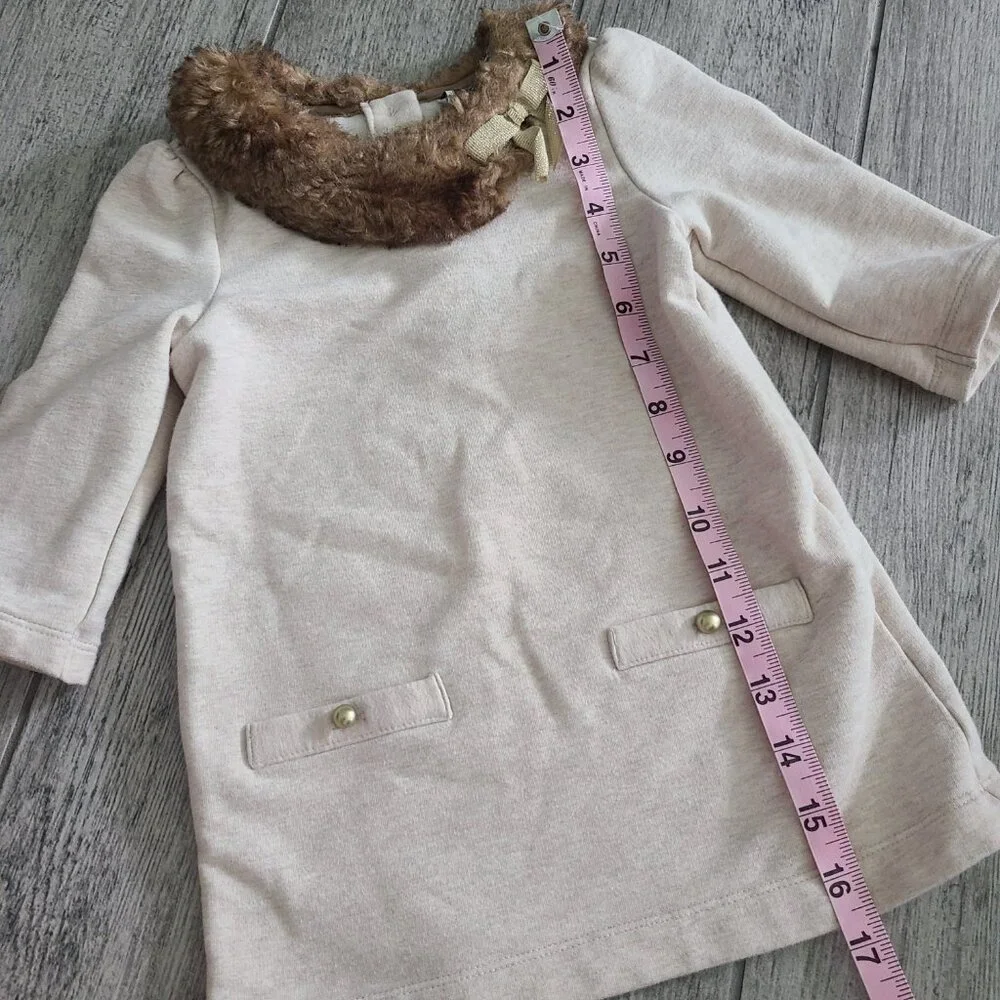 Janie and Jack Girls Faux Fur Collar Sweater Dress Beige Size 3